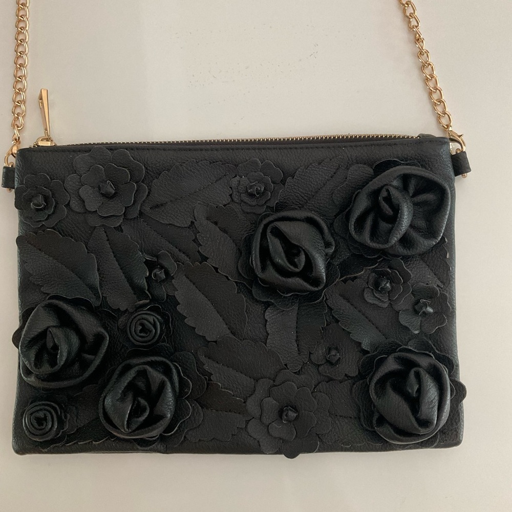 Leather Black Floral Embellished Clutch Bought in Italy 🇮🇹